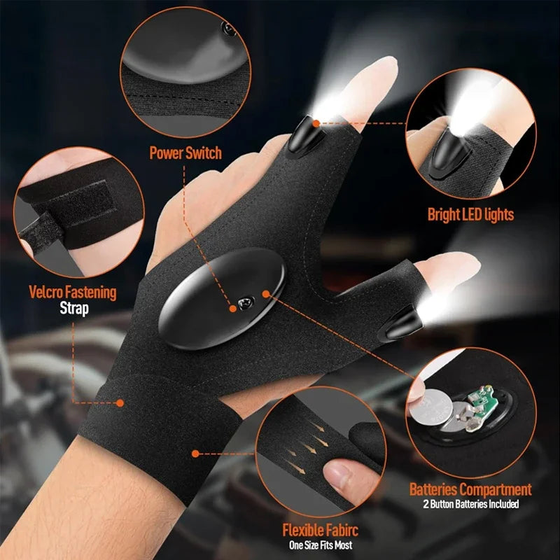 LED Half Finger Glove for Men Women Outdoor Waterproof Night Fishing Bait Cycling Running Flashlight Automotive Inspection Light