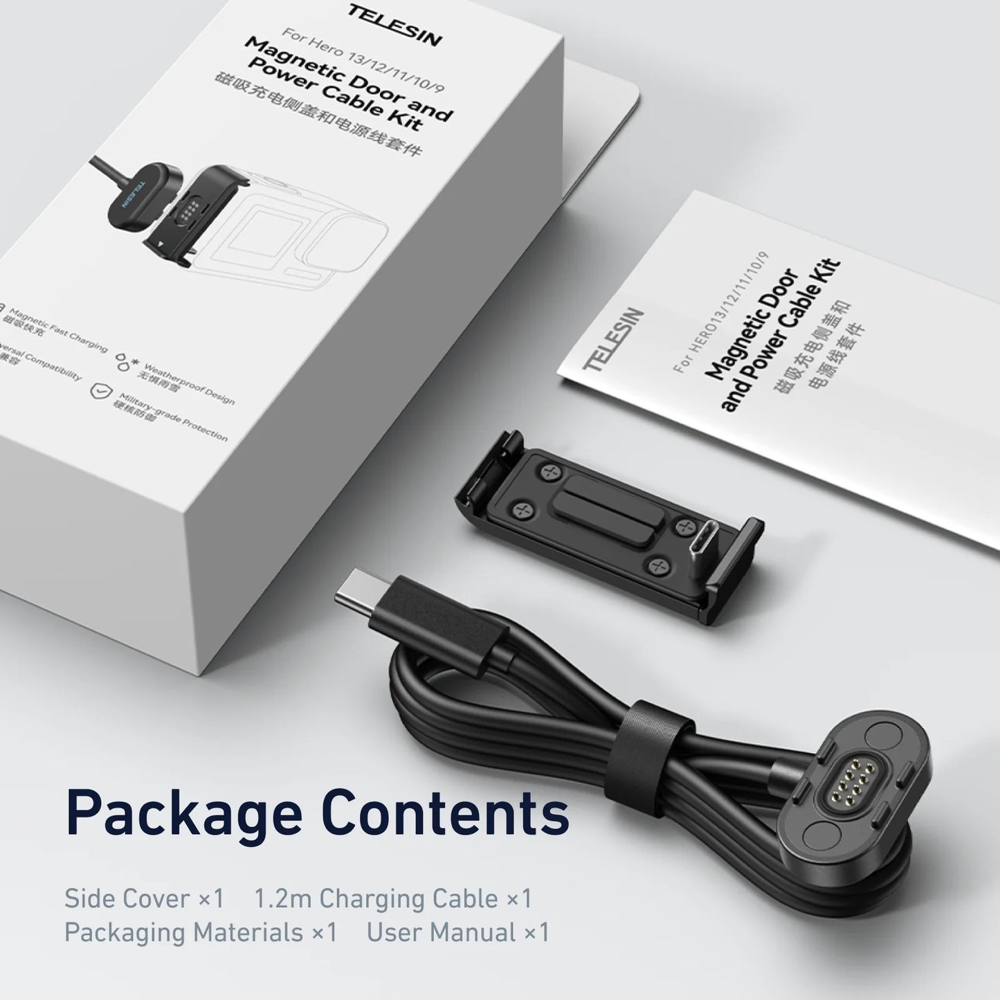 TELESIN Magnetic Waterproof Charging Side Cover Cable KIT For Gopro hero 9 10 11 12 13 Type-C Charging Cover Port Easy Removable