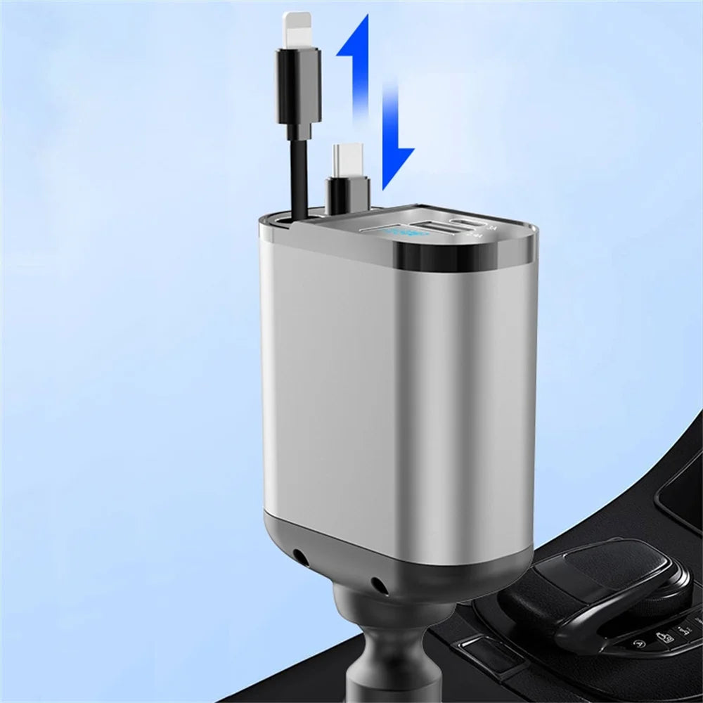 4 IN 1 120W Retractable Car Charger USB Type C Car Cigarette Lighter  Fast Charger Cable For IPhone Xiaomi Huawei Samsung