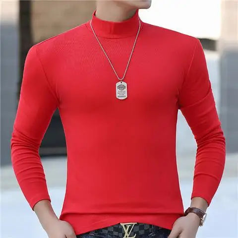 Fashion Men's Oversize High Collar Long Sleeves Autumn Winter Pure Thermal Shirt for Men  Layering Stylish T-Shirt
