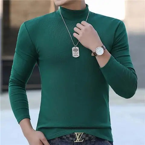 Fashion Men's Oversize High Collar Long Sleeves Autumn Winter Pure Thermal Shirt for Men  Layering Stylish T-Shirt