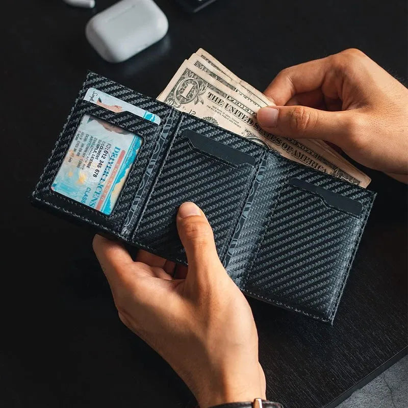 Carbon Fiber & Aluminum Men's Bifold Wallet - RFID Blocking Automatic Pop-Up Cardholder, Coin Compartments, Business Money Purse