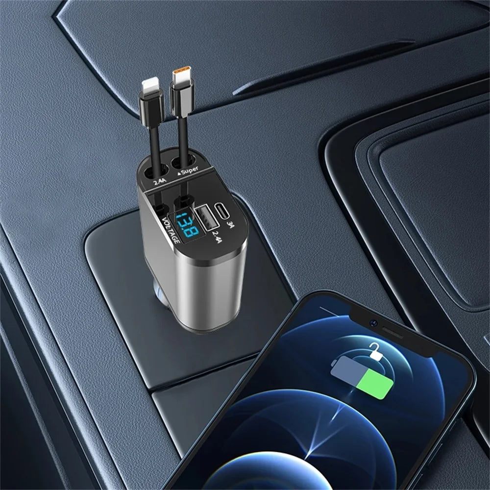 4 IN 1 120W Retractable Car Charger USB Type C Car Cigarette Lighter  Fast Charger Cable For IPhone Xiaomi Huawei Samsung