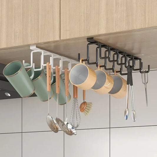 Double-row Hooks Punch-free Kitchen Cupboard Under Shelf Mug Cup Hanger Hook Iron Hanging Rack Holder Kitchen Cabinet Organizer
