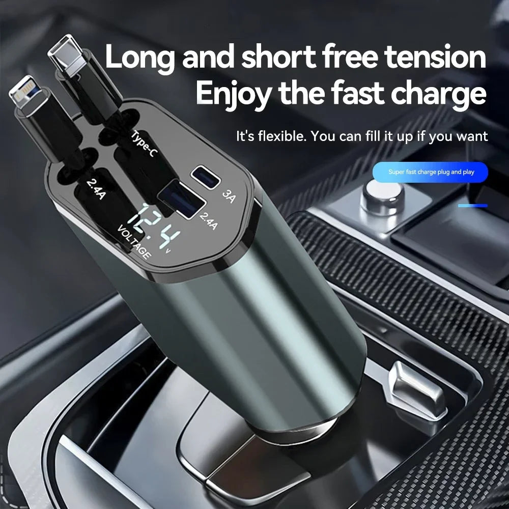 4 IN 1 120W Retractable Car Charger USB Type C Car Cigarette Lighter  Fast Charger Cable For IPhone Xiaomi Huawei Samsung