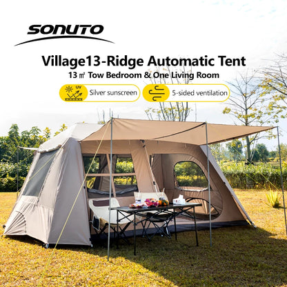 Sonuto Automatic Large Camping Tent 3-8 Person Quick Setup Double Hall Ridge Tent with Canopy for Outdoor Family Adventures