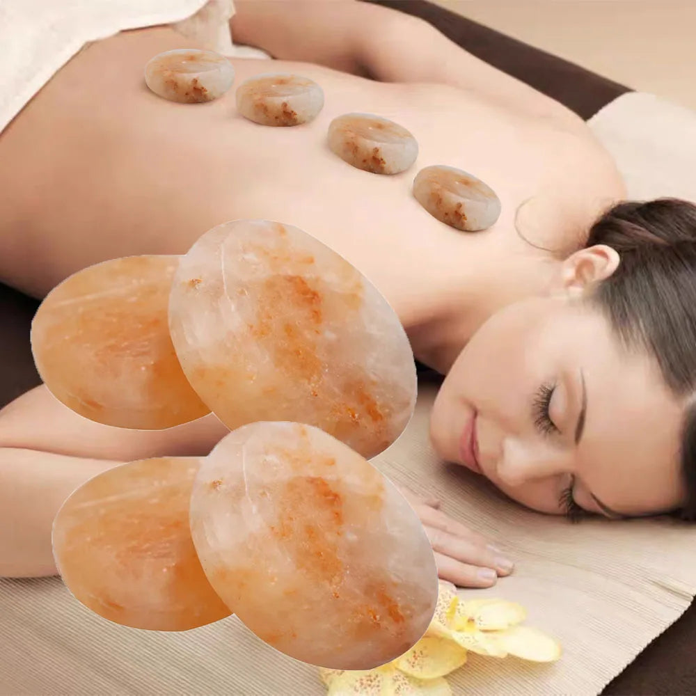 4PCS Hot Stone Therapy Hydrotherapy Massage Oval Natural Himalayan Salt Pink Crystal Hot Stone Promotes Blood Circulation