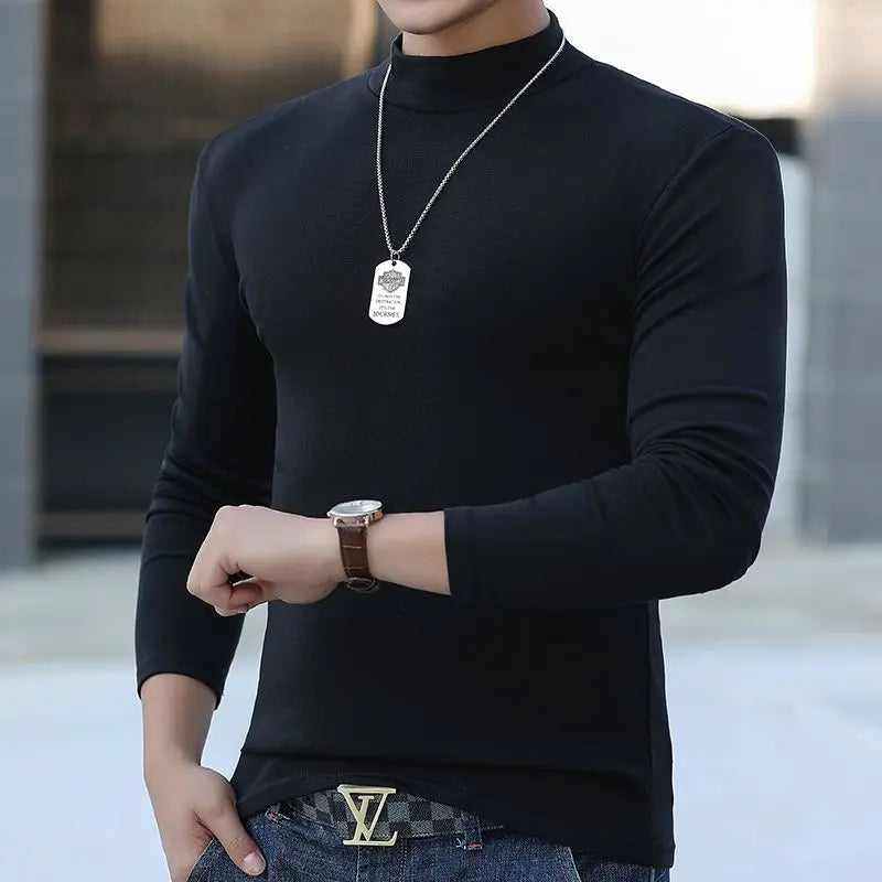Fashion Men's Oversize High Collar Long Sleeves Autumn Winter Pure Thermal Shirt for Men  Layering Stylish T-Shirt