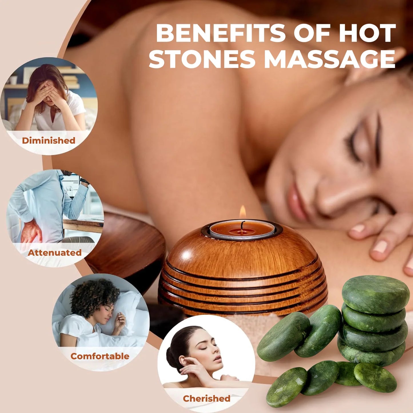 10pcs Olive green natural stone, used as a professional spa/home body relaxation massage tool.