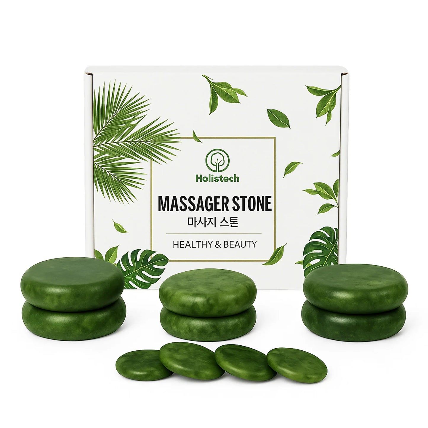 10pcs Olive green natural stone, used as a professional spa/home body relaxation massage tool.