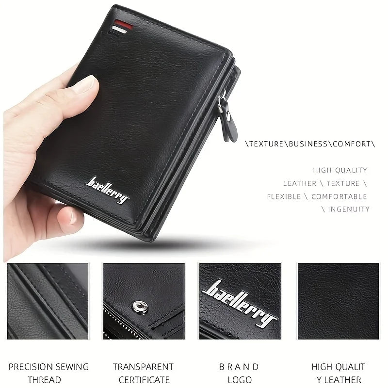 New Men PU Leather Short Wallet with Zipper Coin Pocket Vintage Big Capacity Male Short Money Purse Card Holder