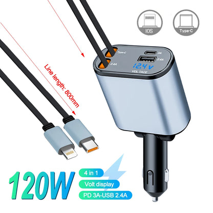 4-in-1 Car Charger with 2 Retractable Cable 120W Fast Charger Power Adapter Car Charger With Starlight For IOS Android Phones - Temfuly