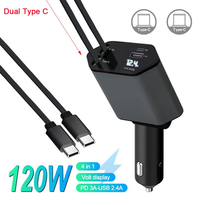 4-in-1 Car Charger with 2 Retractable Cable 120W Fast Charger Power Adapter Car Charger With Starlight For IOS Android Phones - Temfuly