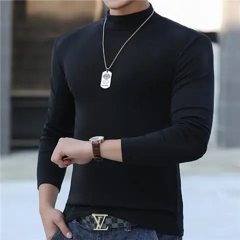 Fashion Men's Oversize High Collar Long Sleeves Autumn Winter Pure Thermal Shirt for Men  Layering Stylish T-Shirt