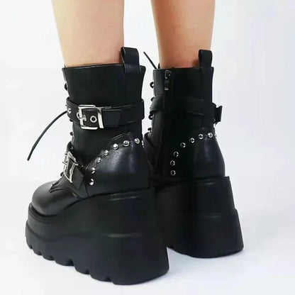 New Women Pu Leather Ankle Booties Woman Autumn Winter Round Toe Lace Up Shoes Woman Motorcycle Platform Gothic Boots Cosplay