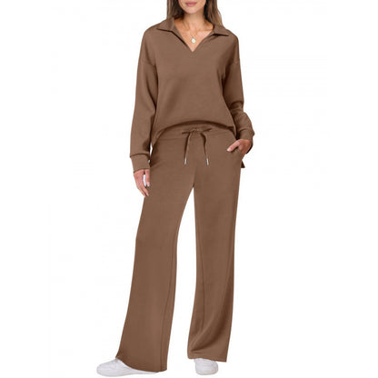 Women's Tracksuit Sports Suit V-neck Long-sleeved Pullover Top And Drawstring Straight-leg Trousers Casual Solid Trousers Set