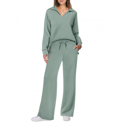 Women's Tracksuit Sports Suit V-neck Long-sleeved Pullover Top And Drawstring Straight-leg Trousers Casual Solid Trousers Set