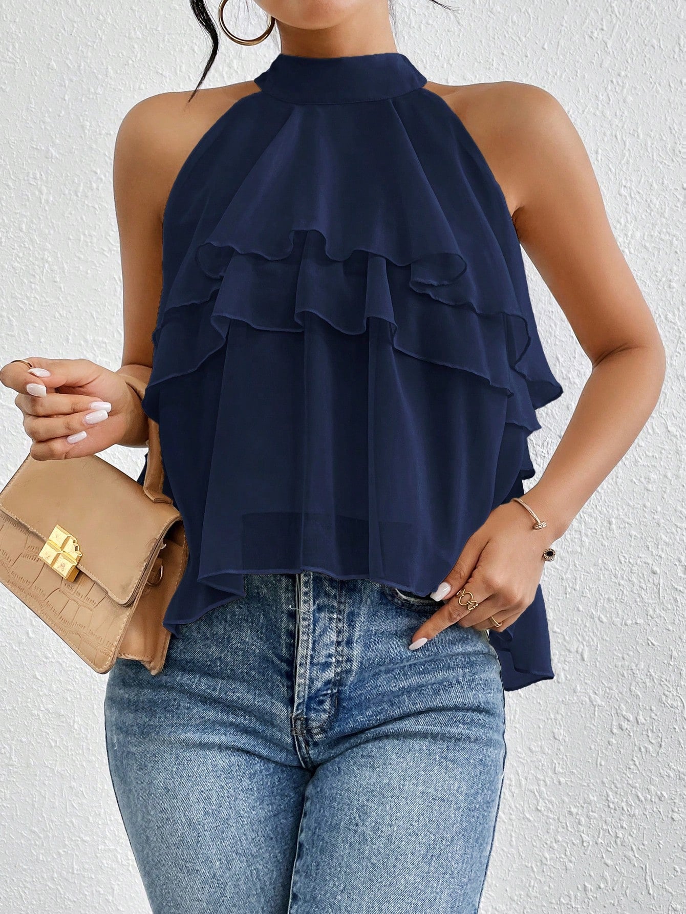 Women's Versatile Solid-color Halter-neck Sleeveless Top With An Irregular Ruffled Hem