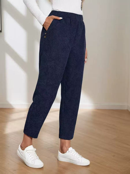 Corduroy Pocket High-waist Solid Color Straight Casual Pants