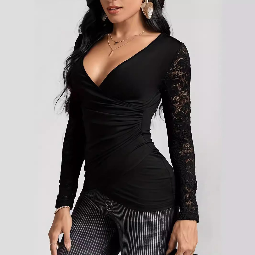 Solid-color Cross-join Lace-sleeve T-shirt