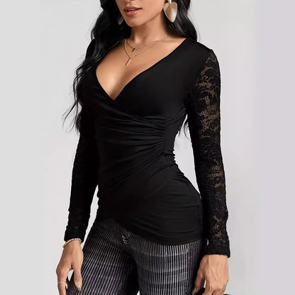 Solid-color Cross-join Lace-sleeve T-shirt