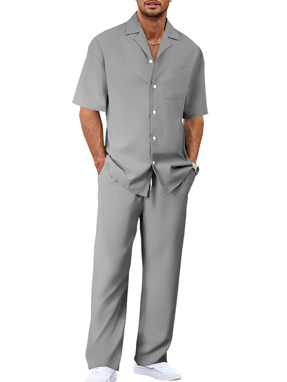 Men's Trousers Suit Fashion Lapel Button Short Sleeve Shirt And Pocket Straight Pants Clothing