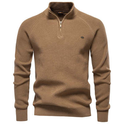 Men's Zipper Stand Collar Knitted Sweater Fashion Slim Solid Color Long Sleeve Half Turtleneck Top Men's Clothing