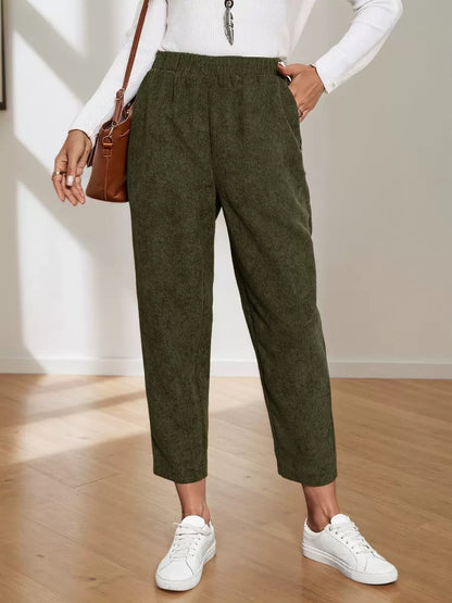 Corduroy Pocket High-waist Solid Color Straight Casual Pants