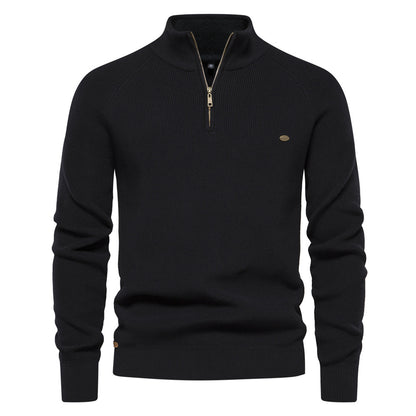 Men's Zipper Stand Collar Knitted Sweater Fashion Slim Solid Color Long Sleeve Half Turtleneck Top Men's Clothing