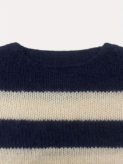 Crew-neck Contrast-striped Loose-fit Casual Chic Versatile Knit Pullover